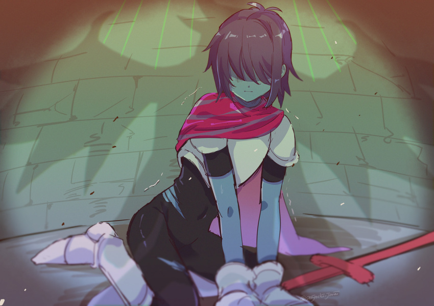1girl androgynous arm_support armor blue_skin cape colored_skin deltarune gloves hair_over_eyes kris_(deltarune) puppet_strings senjochi_janai shadow solo_focus spamton_g._spamton spamton_neo sweat sword torn_clothes wall weapon wings wooden_sword