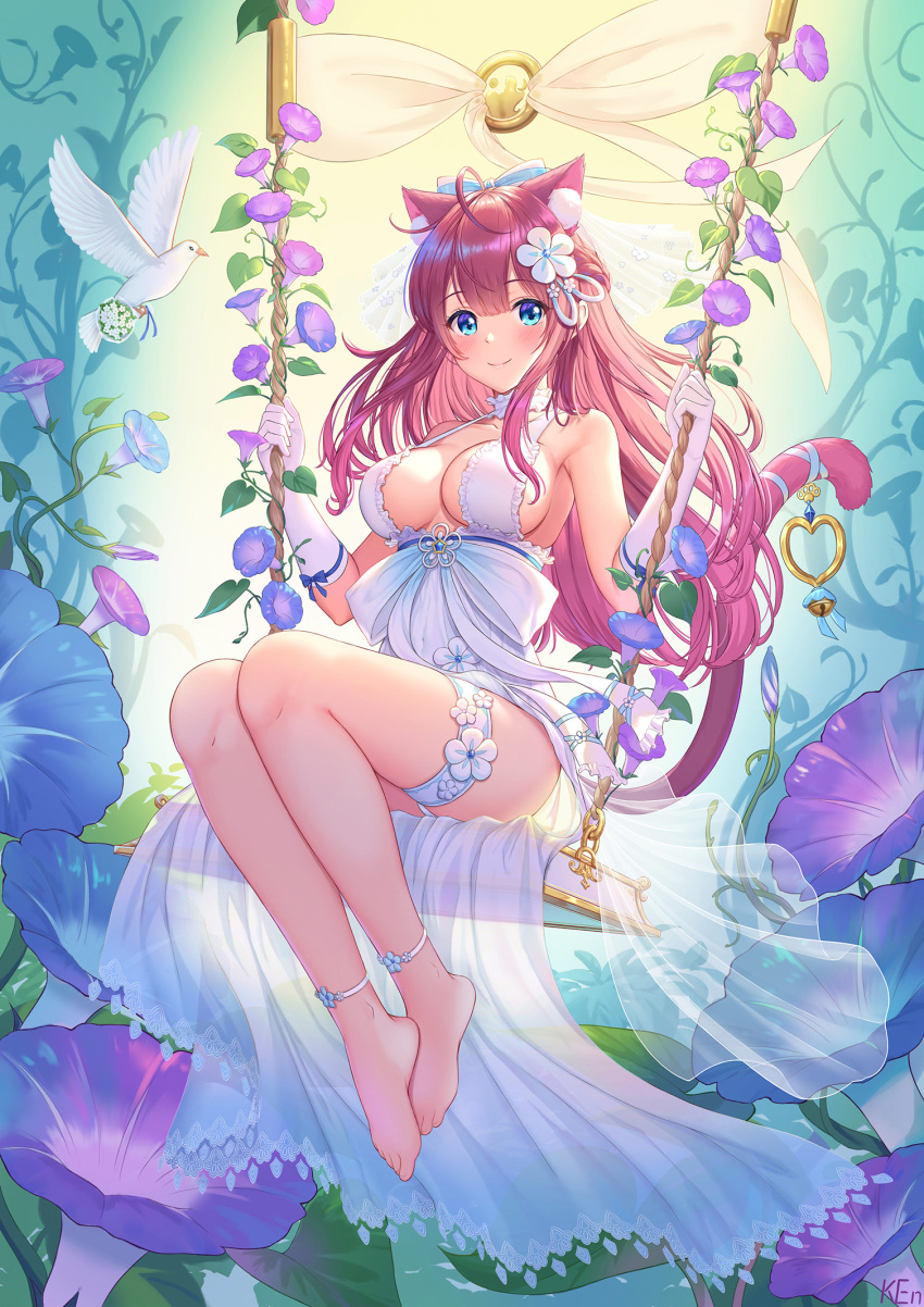 1girl animal_ear_fluff animal_ears anklet bare_shoulders barefoot bird blush breasts brown_hair cat_ears cat_tail character_request closed_mouth copyright_request dove dress extra_ears flower full_body gloves hair_flower hair_ornament highres jewelry ken-san legs_together looking_at_viewer medium_breasts morning_glory oversized_flowers purple_flower smile swing tail thigh_strap virtual_youtuber white_dress white_gloves