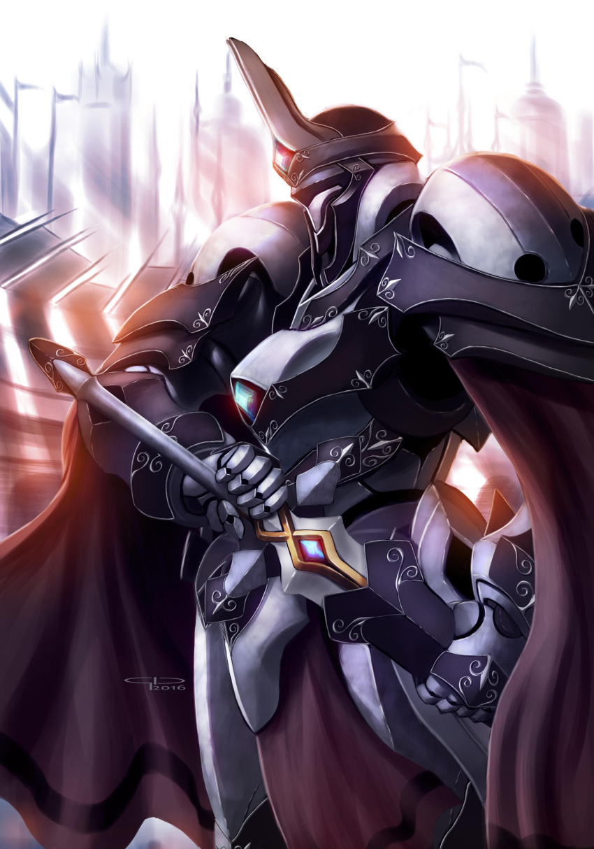 absurdres black_cape cape english_commentary fantasy from_side gio_tengco highres holding holding_sword holding_weapon looking_ahead mecha no_humans original sheath solo sword unsheathing weapon