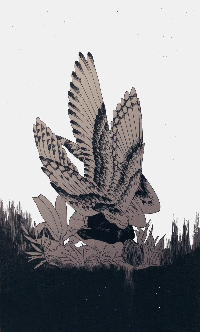 1girl absurdres black_shirt cochlea1313 feathered_wings greyscale highres kneeling medium_hair monochrome original outdoors plant shirt solo wings