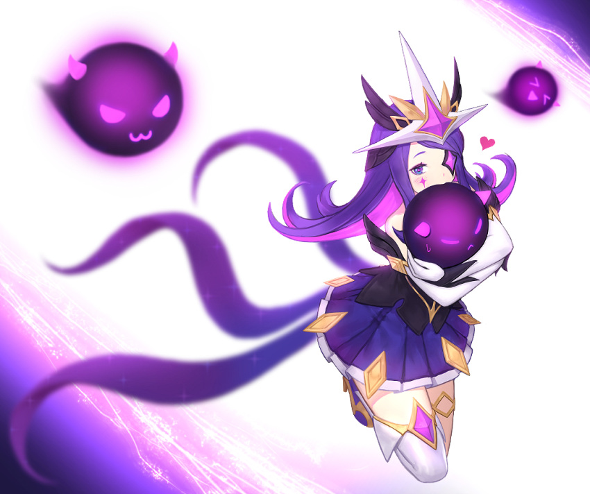 1girl blue_eyes blue_skirt blush colored_inner_hair creature elbow_gloves eyepatch gloves league_of_legends long_hair looking_at_viewer miniskirt multicolored_hair one_eye_covered purple_hair single_thighhigh siun skirt solo star_facial_mark star_guardian_(league_of_legends) syndra thigh-highs violet_eyes white_gloves white_legwear