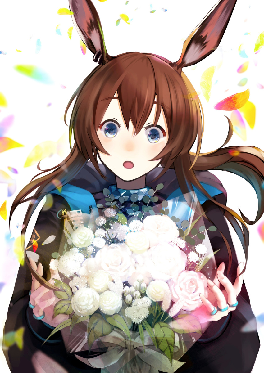 1girl absurdres amiya_(arknights) animal_ears arknights black_jacket blue_eyes bouquet brown_hair can_d ear_piercing flower gradient gradient_background highres jacket jewelry looking_at_viewer multiple_rings neck_ring open_clothes open_jacket open_mouth piercing rabbit_ears rabbit_girl ring rose thumb_ring white_flower white_rose
