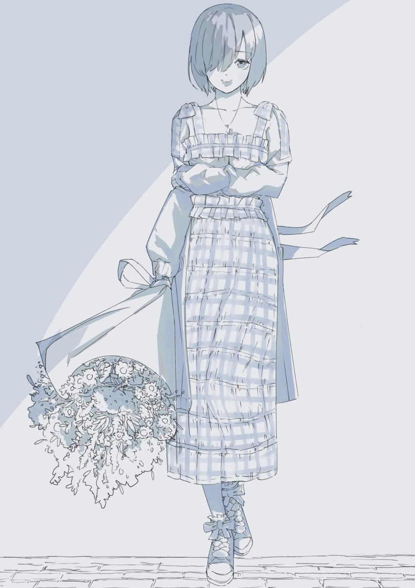 1girl absurdres bouquet bow brick brick_floor collarbone daydremec dress eyebrows_visible_through_hair fate/grand_order fate_(series) flower frilled_dress frills greyscale hair_over_one_eye highres holding holding_bouquet holding_own_arm jewelry leaning looking_at_viewer mash_kyrielight monochrome necklace parted_lips plaid plaid_dress shoes short_hair sleeves_past_wrists smile sneakers solo standing