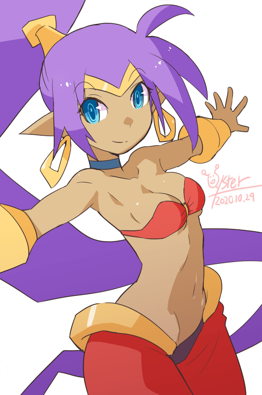 1girl blue_eyes bracer breasts choker closed_mouth dark-skinned_female dark_skin earrings highres hoop_earrings jewelry long_hair looking_at_viewer medium_breasts navel oyster_(artist) pointy_ears ponytail purple_hair shantae shantae_(series) simple_background smile solo very_long_hair white_background