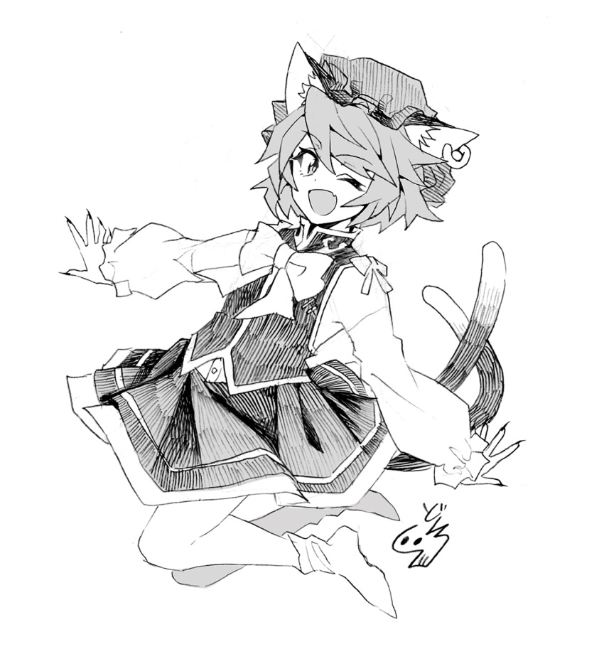 1girl animal_ears bow bowtie cat_ears cat_tail chen earrings eyebrows_visible_through_hair full_body hat highres jewelry kuroshirase long_sleeves looking_at_viewer mob_cap multiple_tails neckwear nekomata one_eye_closed open_mouth shirt short_hair single_earring skirt socks tail touhou two_tails vest