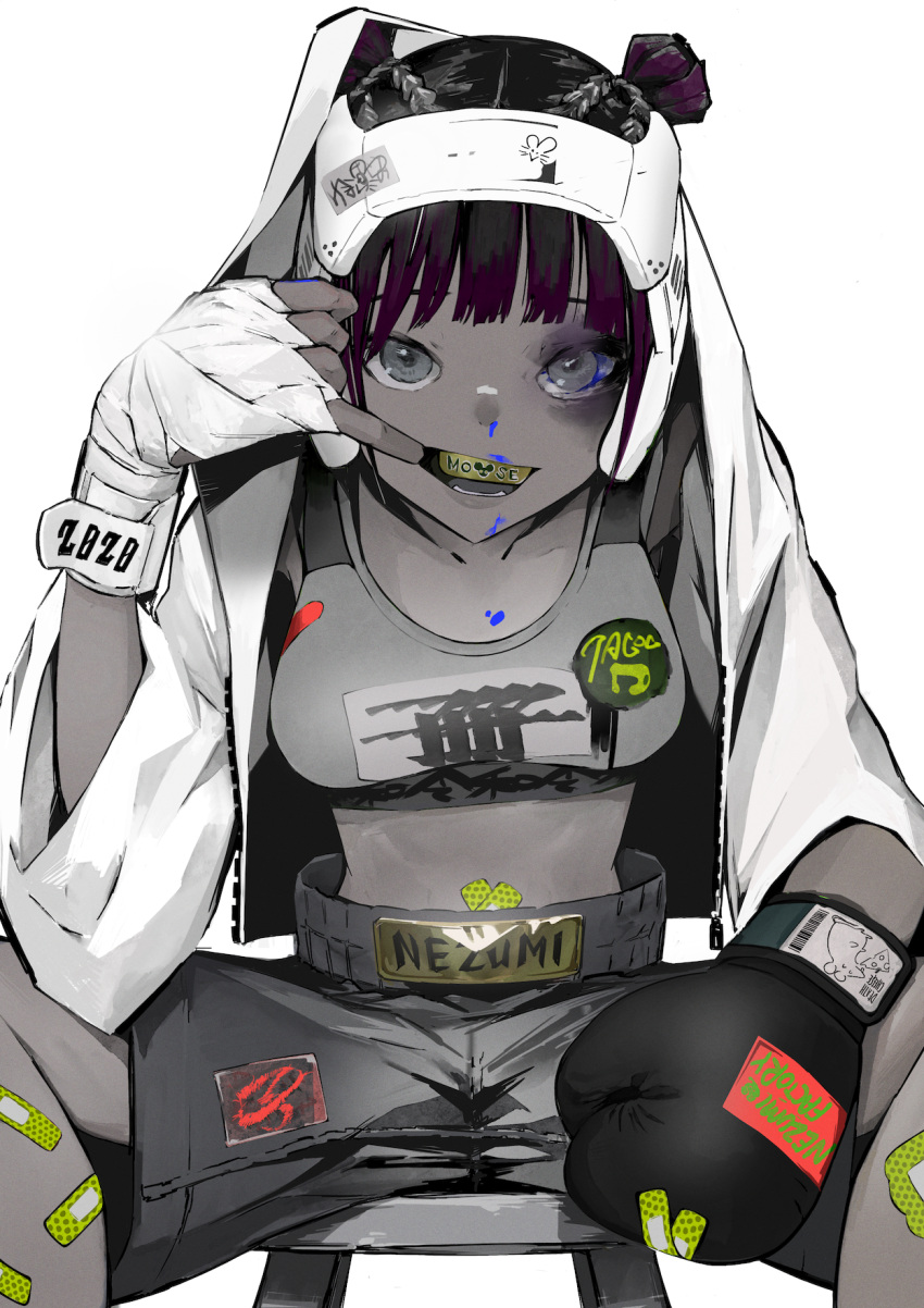 1girl bandaged_hand bandages bandaid bandaid_on_leg barcode black_gloves black_hair black_legwear bleeding blood blood_on_face blue_blood boxing_gloves bruise bruised_eye collarbone daydremec double_bun english_text finger_in_mouth gloves grey_eyes hair_bun headgear highres hood hood_up hooded_jacket injury jacket looking_at_viewer multicolored multicolored_hair nosebleed original purple_hair short_hair simple_background single_glove sitting smile solo sports_bra sportswear spread_legs stool teeth tongue white_background white_jacket zipper zipper_pull_tab