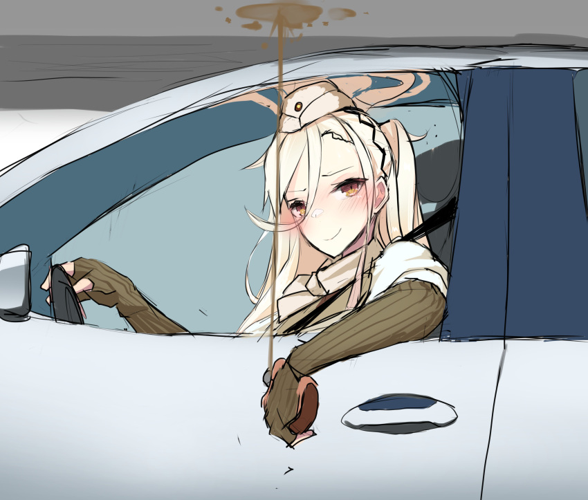 1girl a-91_(girls'_frontline) absurdres alcohol blonde_hair blush brown_eyes car driving elbow_gloves fingerless_gloves girls_frontline gloves ground_vehicle hair_between_eyes hat highres hip_flask holding long_hair looking_at_viewer motor_vehicle ponytail seatbelt smile solo spilling upside-down yanagui