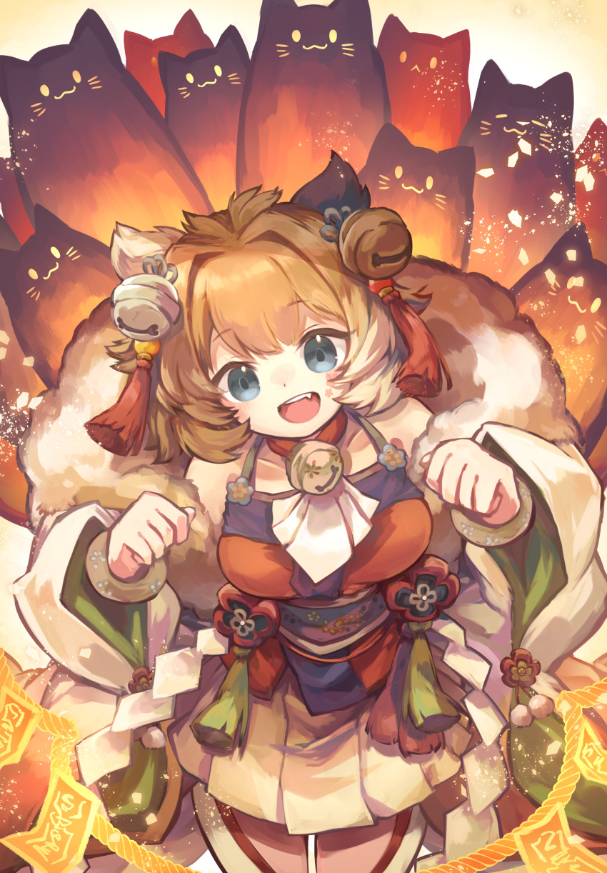 1girl absurdres animal_ears bell blue_eyes breasts cat cat_ears fang fur_trim hair_bell hair_ornament highres jingle_bell kuuron_(moesann17) medium_hair miya_(p&amp;d) multicolored_hair neck_bell open_mouth orange_hair puzzle_&amp;_dragons skirt solo tagme talisman too_many too_many_cats white_hair wide_sleeves