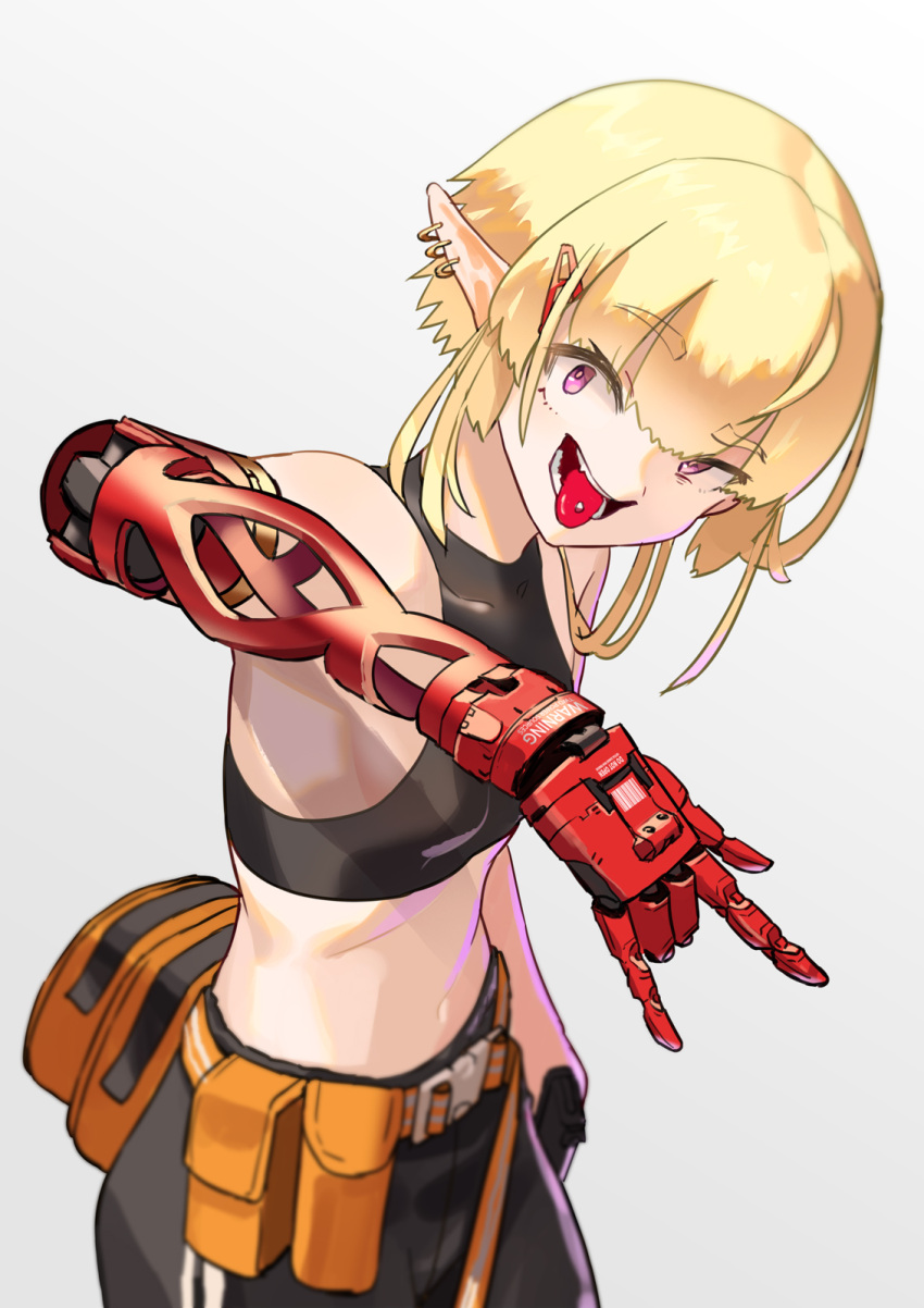 1girl autism_wanderer blonde_hair blurry depth_of_field ear_piercing earrings elf eyebrows_visible_through_hair highres jewelry mechanical_arms original piercing pointy_ears prosthesis short_hair simple_background single_mechanical_arm tank_top tongue tongue_out tongue_piercing violet_eyes