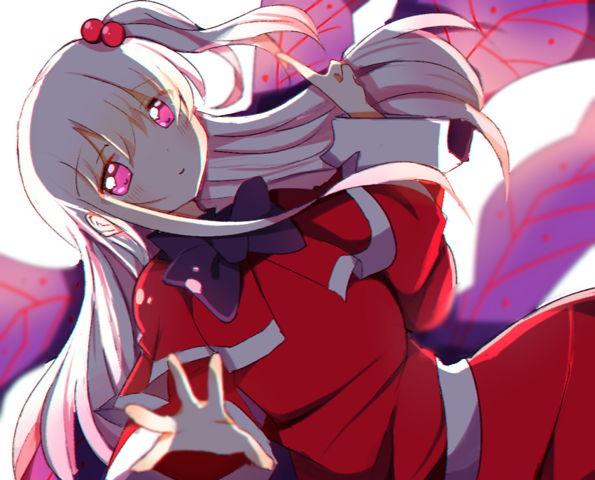 1girl black_neckwear blush bow capelet dress eyebrows_visible_through_hair hair_bobbles hair_ornament index_finger_raised long_hair long_sleeves multiple_wings one_side_up red_dress red_eyes ribbon shade shinki_(touhou) silver_hair simple_background smile solo touhou touhou_(pc-98) wide_sleeves wings zeroko-san_(nuclear_f)