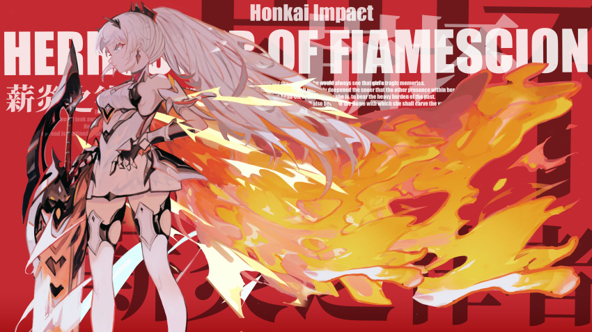 1girl absurdres armor bangs bare_shoulders boots breasts cape closed_mouth dr_hathaway earrings fire gauntlets hair_between_eyes hair_ornament highres honkai_(series) honkai_impact_3rd jewelry kiana_kaslana kiana_kaslana_(herrscher_of_flamescion) long_hair looking_to_the_side ponytail red_background sideboob solo sword thigh-highs thigh_boots torn_cape torn_clothes weapon white_footwear white_hair