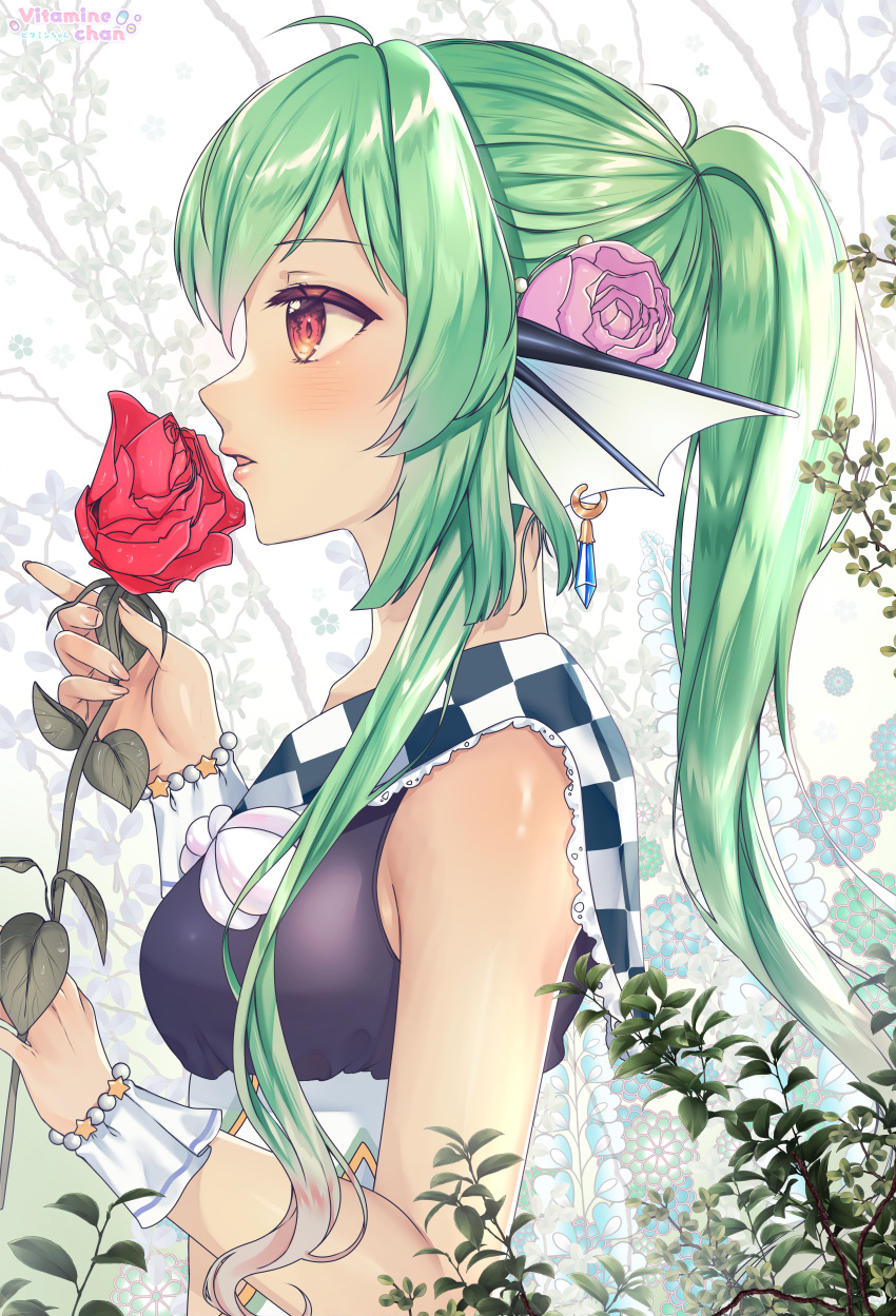 1girl absurdres bangs blush breasts checkered commentary earrings english_commentary eyebrows_visible_through_hair finana_ryugu flower from_side green_hair hair_flower hair_ornament head_fins highres holding holding_flower jewelry long_hair nijisanji nijisanji_en parted_lips pink_flower plant ponytail profile red_eyes red_flower red_rose rose sailor_collar sidelocks solo virtual_youtuber vitaminechan wrist_cuffs