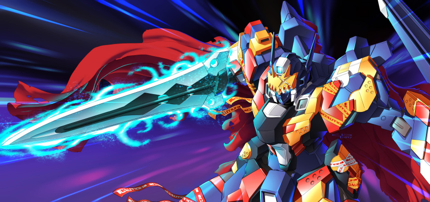 absurdres cape exbein_ashe gio_tengco glowing glowing_sword glowing_weapon highres holding holding_sword holding_weapon mecha no_humans red_cape science_fiction solo super_robot_wars super_robot_wars_original_generation sword visor weapon