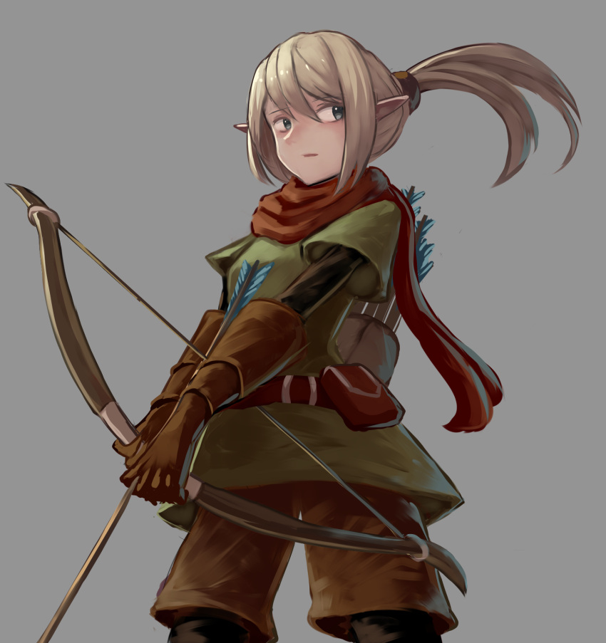 1girl arrow_(projectile) bow_(weapon) brown_gloves brown_hair fantasy gloves grey_background grey_eyes hair_between_eyes highres holding holding_arrow holding_bow_(weapon) holding_weapon light_brown_hair long_hair original parted_lips pointy_ears ponytail quiver red_scarf scarf siena_(moratoriummaga) simple_background solo weapon