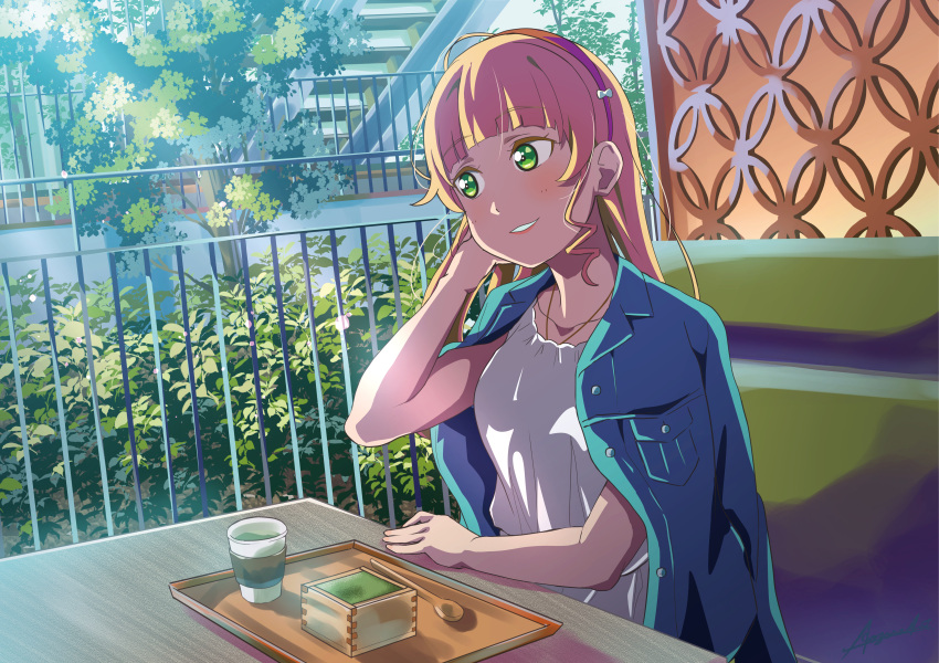 1girl absurdres al_aoi_aoba birthday blonde_hair bush commentary_request cup eyebrows_visible_through_hair green_eyes hairband heanna_sumire highres jacket jacket_on_shoulders jewelry long_hair love_live! love_live!_superstar!! necklace red_hairband sitting solo spoon tray