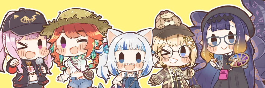 &gt;_o 5girls :3 :d ;d animal_ears animal_on_head aqua_hair bag bangs baseball_cap beret black_headwear blonde_hair blue_eyes blue_hair blunt_bangs blush_stickers braid bubba_(watson_amelia) cat_ears chibi clenched_hand commentary earrings eyebrows_visible_through_hair gawr_gura glasses grin hair_cubes hair_ornament hairclip hat heart heart-shaped_bag heart_earrings hololive hololive_english holomyth jewelry long_hair microphone mole mole_under_eye monocle_hair_ornament mori_calliope multicolored_hair multiple_girls ninomae_ina'nis official_alternate_costume on_head one_eye_closed open_mouth orange_hair outline paintbrush palette_(object) pink_eyes pink_hair ponytail purple_hair same_anko sharp_teeth short_hair side_ponytail simple_background smile straw_hat sun_hat takanashi_kiara teeth tentacles twin_braids two-tone_hair very_long_hair violet_eyes watson_amelia white_hair white_outline yellow_background