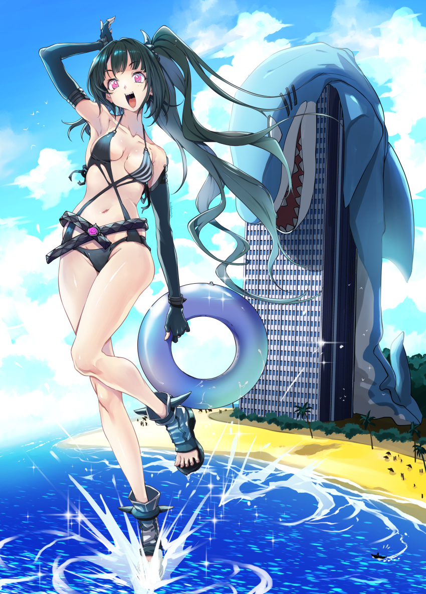 1girl absurdres animal_costume architect_(girls'_frontline) beach black_footwear black_hair black_swimsuit blue_sky breasts clouds collarbone commission day eudetenis girls_frontline highres innertube long_hair looking_at_viewer medium_breasts navel ocean open_mouth outdoors palm_tree sand sangvis_ferri shark_costume shoes side_ponytail sky smile solo swimsuit tree violet_eyes
