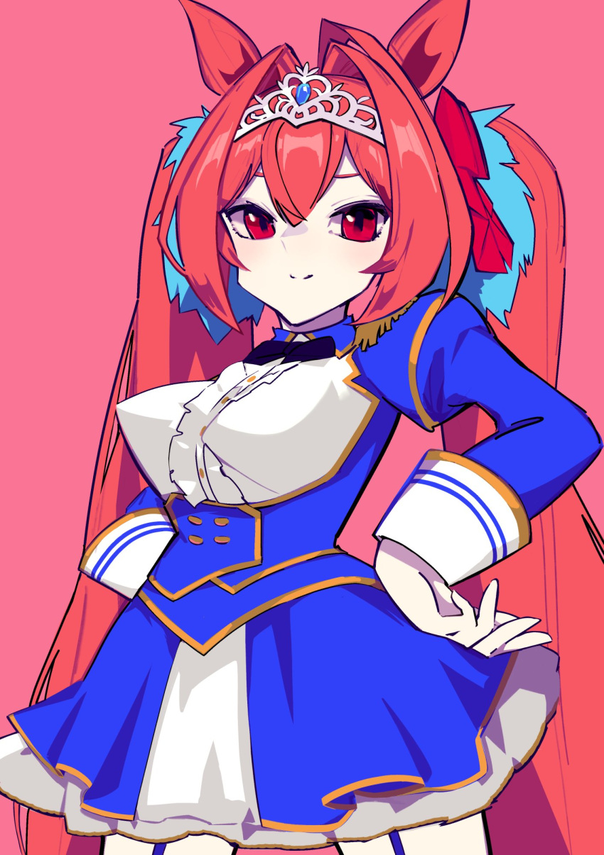 1girl animal_ears blue_bow blue_neckwear blush bow check_copyright closed_mouth copyright_request daiwa_scarlet_(umamusume) daydremec frills garter_belt gem hair_between_eyes hands_on_hips highres light_blush long_hair pink_background puffy_sleeves red_eyes redhead simple_background smile solo tiara twintails umamusume very_long_hair