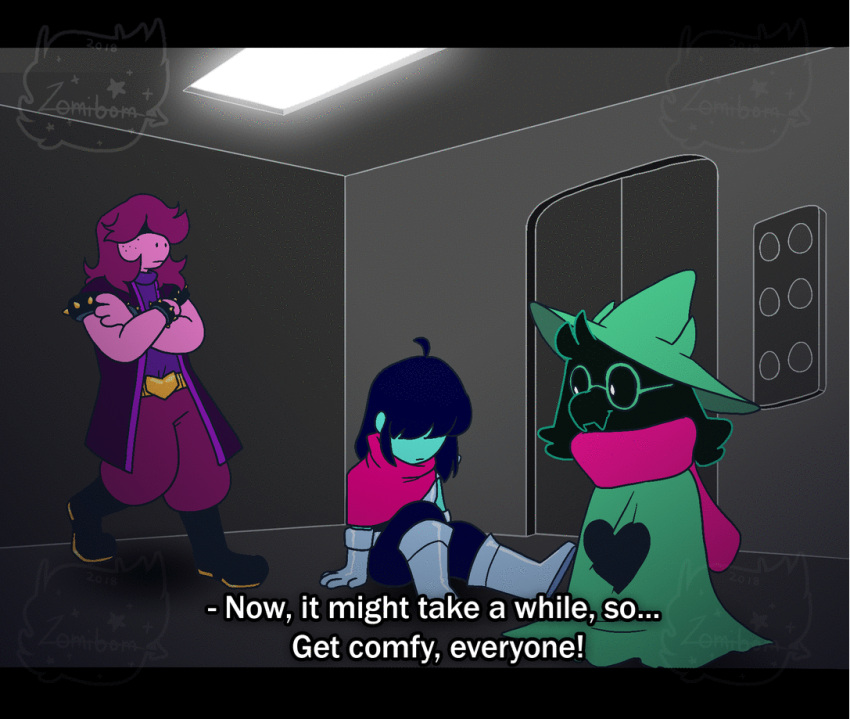 1boy 1girl 1other animated animated_gif armlet bad_id bad_tumblr_id black_footwear blue_skin colored_skin crossed_arms deltarune elevator english_text glasses green_headwear hat kris_(deltarune) looping_animation pink_skin ralsei sitting spiked_armlet susie_(deltarune) zomibom