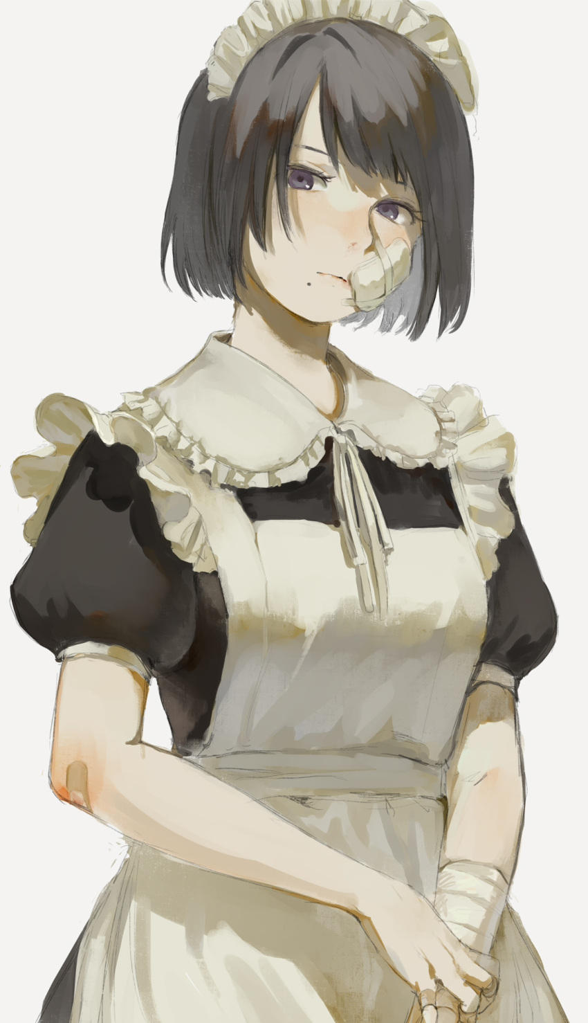 1girl apron bandaged_arm bandages bandaid bandaid_on_arm bandaid_on_cheek bandaid_on_face bandaid_on_hand bangs black_hair closed_mouth expressionless frilled_apron frilled_shirt_collar frills grey_background hair_intakes hand_on_own_wrist head_tilt highres kagari_(kgr_000) looking_at_viewer looking_to_the_side maid maid_apron maid_headdress mole mole_under_mouth neck_ribbon original puffy_short_sleeves puffy_sleeves ribbon short_hair short_sleeves simple_background solo standing swept_bangs violet_eyes white_apron white_neckwear white_ribbon