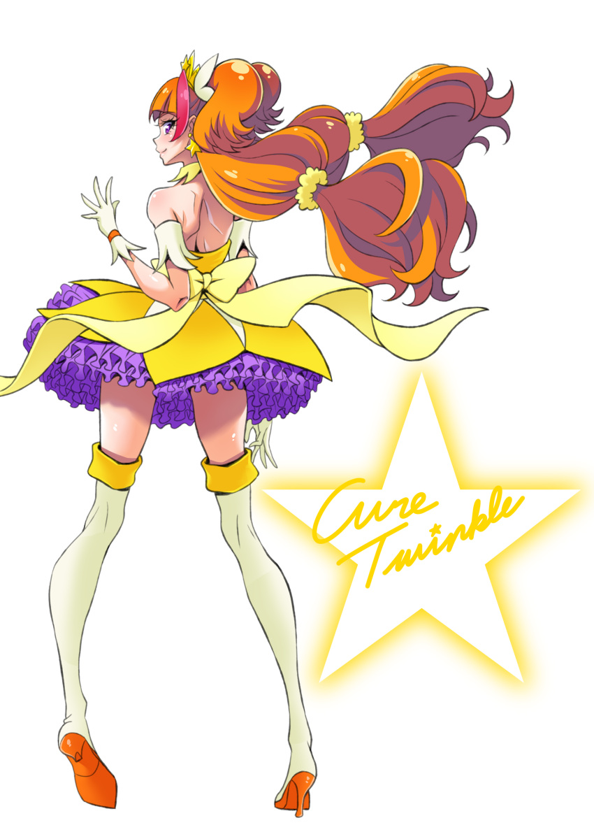1girl absurdres amanogawa_kirara bare_shoulders blush boots brown_hair character_name choker cure_twinkle dress earrings english_text eunos eyelashes frilled_dress frilled_skirt frills gloves go!_princess_precure hair_ornament high_heel_boots high_heels highres jewelry long_hair low-tied_long_hair magical_girl multicolored_hair petticoat pink_hair precure quad_tails ribbon simple_background skirt smile solo source_request standing star_(symbol) star_earrings streaked_hair thigh-highs thigh_boots thighs twintails two-tone_hair violet_eyes white_background white_footwear white_gloves yellow_dress