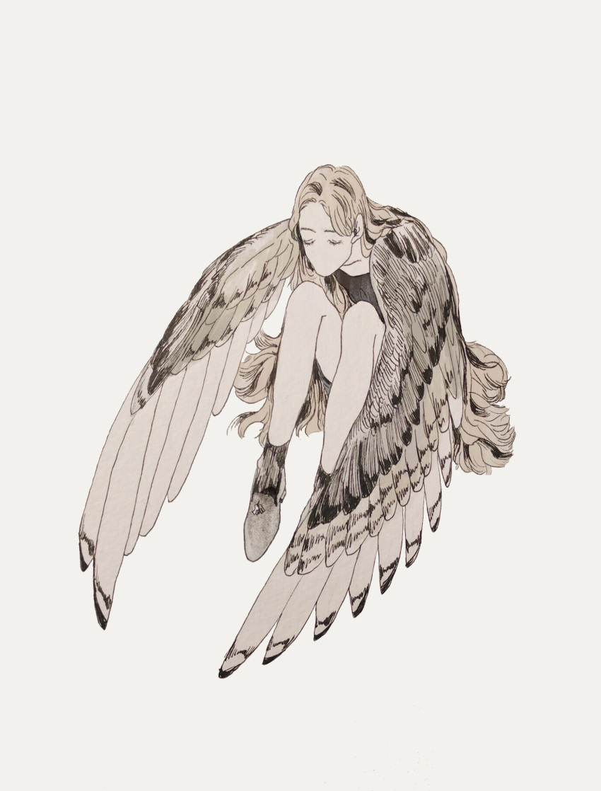1girl closed_eyes cochlea1313 facing_viewer feathered_wings full_body harpy highres knees_up long_hair monster_girl no_mouth original shoes simple_background sitting solo white_background wings