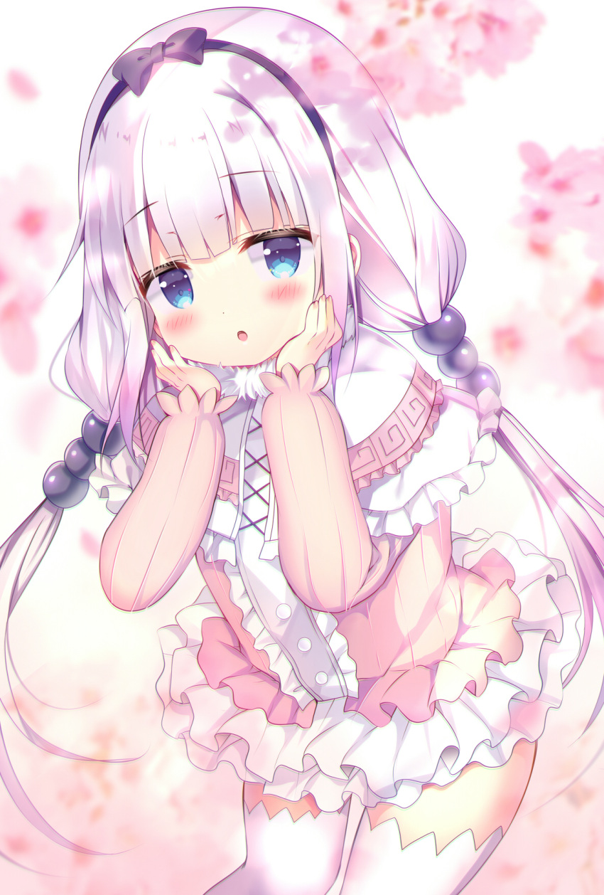 1girl :o azumi_kazuki bangs black_bow black_hairband blue_eyes blurry blurry_foreground blush bow capelet commentary_request depth_of_field dress eyebrows_visible_through_hair frilled_capelet frilled_dress frills hairband hands_on_own_face hands_up highres kanna_kamui kobayashi-san_chi_no_maidragon long_hair long_sleeves low_twintails parted_lips pink_dress pink_hair puffy_long_sleeves puffy_sleeves solo thigh-highs twintails very_long_hair white_capelet white_hair white_legwear