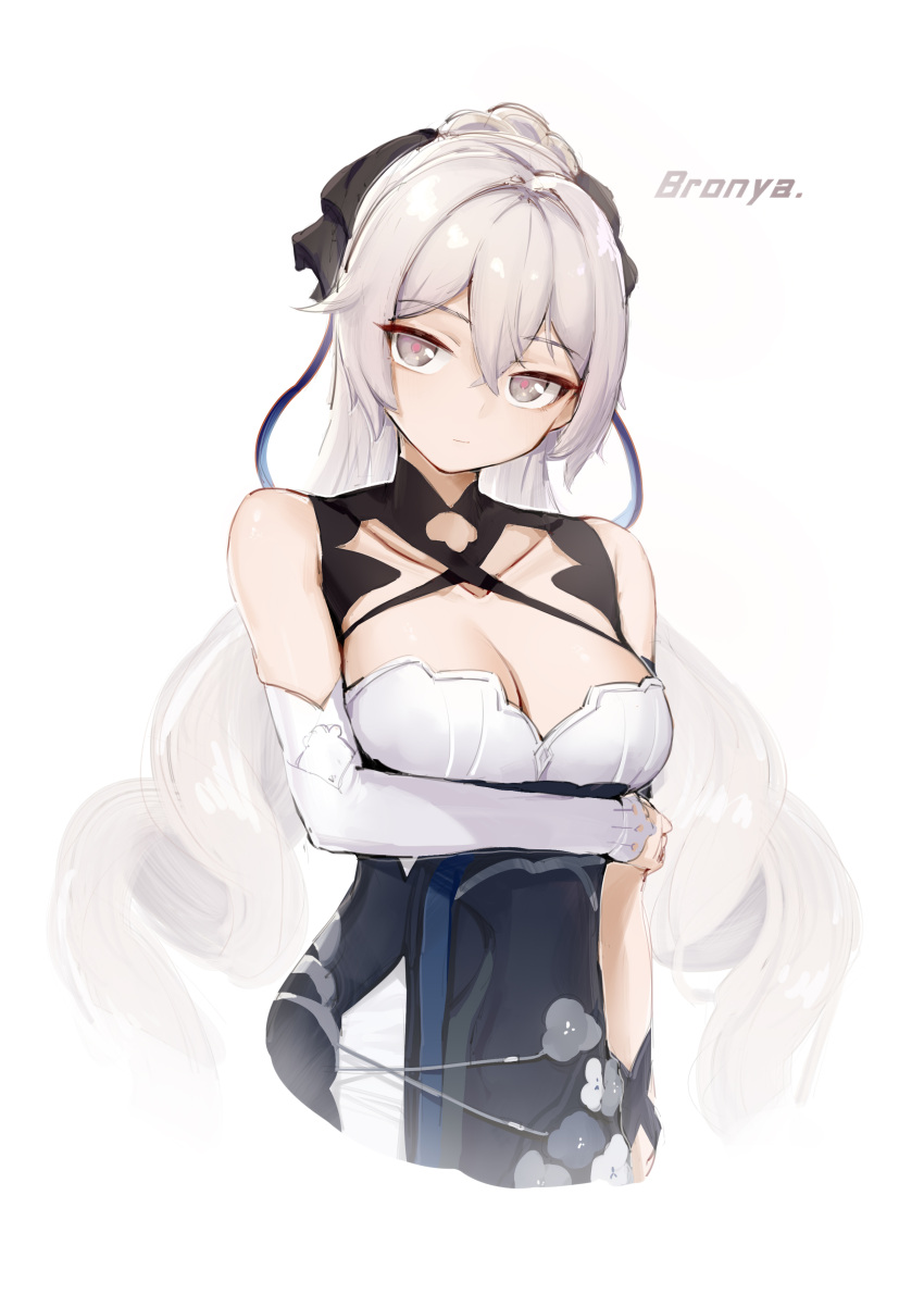 1girl absurdres breasts bronya_zaychik dodo_(yatotoyatoto) eyebrows_visible_through_hair hair_ornament highres honkai_(series) honkai_impact_3rd large_breasts looking_at_viewer older silver_hair solo tied_hair