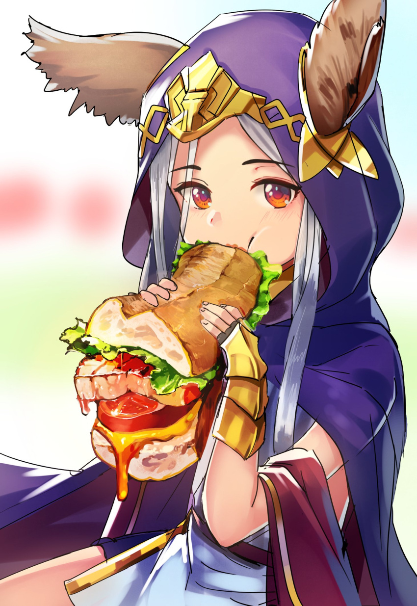 1girl animal_ears blush burger cape ears_through_headwear eating food food_focus granblue_fantasy highres holding hood hooded_cape kagawa_ichigo looking_at_viewer purple_cape red_eyes sauce scathacha_(granblue_fantasy) solo two-handed vambraces