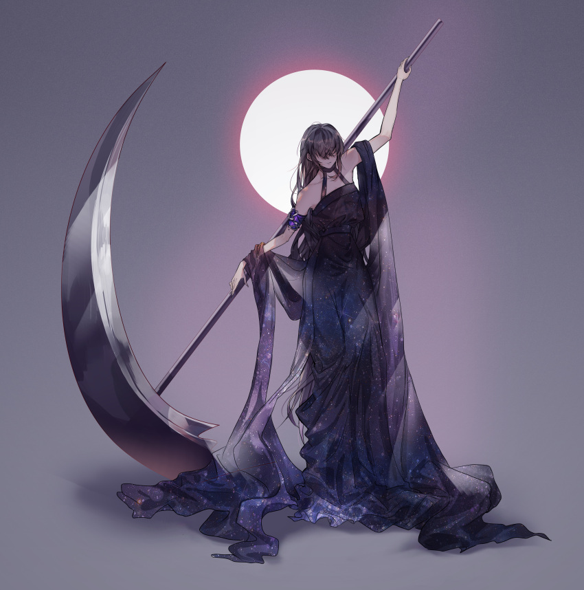 1girl absurdres aisnow432 armlet bangs bare_shoulders black_dress black_hair chinese_commentary collarbone commentary_request dress evernight_goddess full_body full_moon hidden_eyes highres holding holding_weapon long_hair lord_of_the_mysteries moon red_moon scythe smile solo weapon