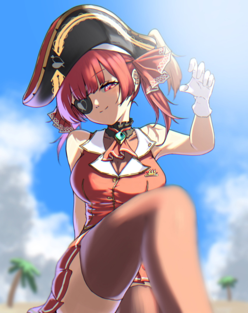 1girl absurdres bangs bare_shoulders black_eyepatch breasts brown_legwear brown_leotard clouds eyebrows_visible_through_hair eyepatch gloves hair_ribbon head_tilt highres hololive houshou_marine large_breasts leotard long_hair looking_at_viewer miniskirt outdoors pirate pleated_skirt red_eyes red_ribbon red_shirt red_skirt redhead ribbon shirt shooot108 sitting skirt sky sleeveless sleeveless_shirt smile solo thigh-highs twintails virtual_youtuber white_gloves