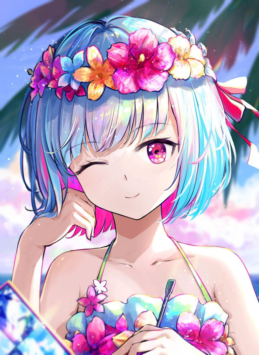 1girl 3029045536 absurdres bangs bare_shoulders beach bikini blue_sky blush breasts collarbone fate/grand_order fate_(series) flower_wreath green_bikini hair_ribbon head_wreath highres kama_(fate) kama_(swimsuit_avenger)_(fate) looking_at_viewer one_eye_closed palm_tree red_eyes ribbon short_hair silver_hair sky small_breasts smile solo swimsuit tree