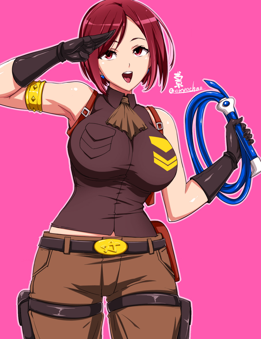 belt belt_buckle breasts brown_hair buckle earrings eyebrows_visible_through_hair gloves highres jewelry large_breasts okyou salute short_hair signature simple_background smile the_king_of_fighters whip whip_(kof)