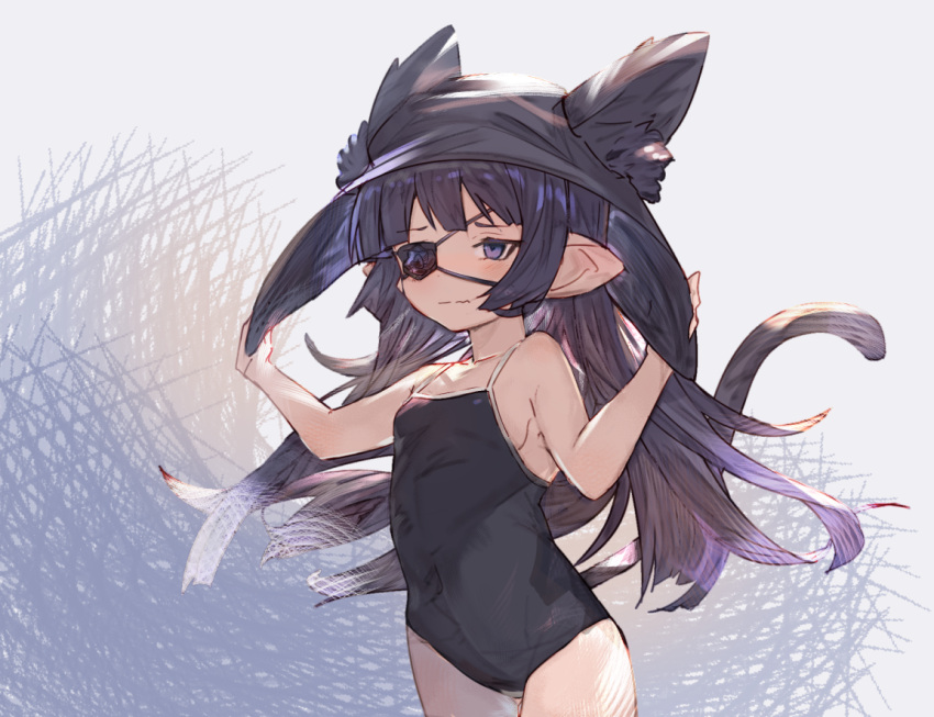 1girl animal_ear_fluff bare_arms bare_shoulders black_hair black_headwear black_swimsuit breasts closed_mouth collarbone commentary_request covered_navel ears_through_headwear eyepatch granblue_fantasy grey_background kemonomimi_mode long_hair lunalu_(granblue_fantasy) one-piece_swimsuit pointy_ears simple_background small_breasts solo swimsuit tail tota_(sizukurubiks) very_long_hair violet_eyes wavy_mouth