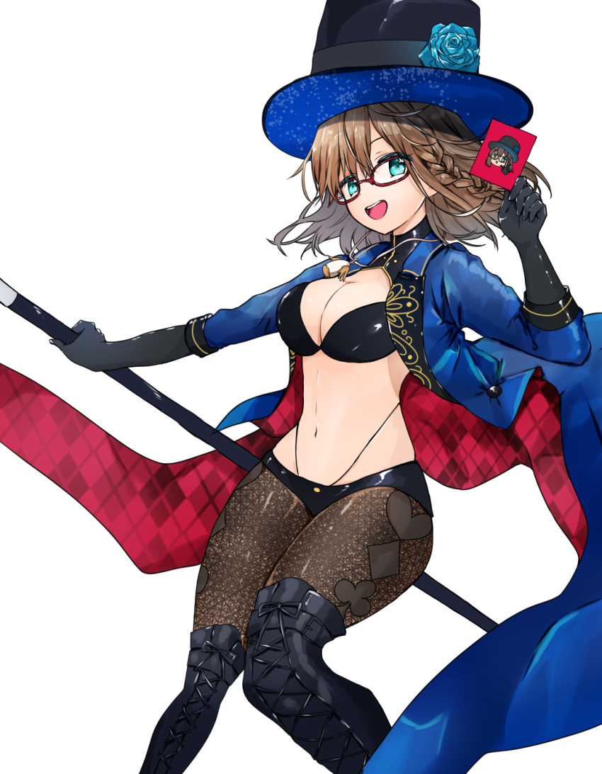 1girl ameshiki bangs bikini black_bikini black_gloves black_headwear blue_coat braid breasts brown_hair brown_legwear card charlotte_corday_(fate) charlotte_corday_(swimsuit_caster)_(fate) coat elbow_gloves fate/grand_order fate_(series) glasses gloves green_eyes hat highres jewelry large_breasts long_sleeves looking_at_viewer navel necklace open_clothes open_coat open_mouth pantyhose short_hair side_braid smile solo swimsuit thighs top_hat wand