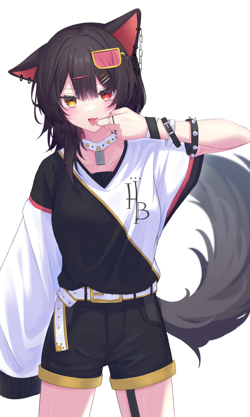 1girl absurdres animal_ears asymmetrical_sleeves bangs black_shirt black_shorts blush bracelet brown_hair collar dog_ears dog_tail ear_piercing eyewear_on_head finger_in_own_mouth hair_between_eyes hair_ornament hairclip highres inui_toko jewelry long_sleeves looking_at_viewer multiple_rings nenehotoso nijisanji open_mouth piercing red_eyes ring shirt short_shorts short_sleeves shorts simple_background solo spiked_bracelet spiked_collar spikes sunglasses tail tongue tongue_out tongue_piercing two-tone_shirt uneven_sleeves virtual_youtuber white_background white_collar white_shirt yellow_eyes