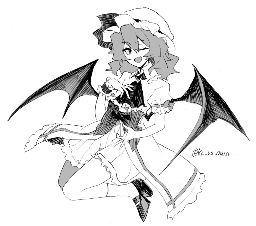 1girl ascot bat_wings bow dress eyebrows_visible_through_hair fang frilled_dress frills full_body gem hand_on_own_chest hat hat_ribbon high_heels highres kuroshirase looking_at_viewer medium_hair mob_cap monochrome one_eye_closed open_mouth puffy_short_sleeves puffy_sleeves remilia_scarlet ribbon short_hair short_sleeves simple_background touhou white_background wings