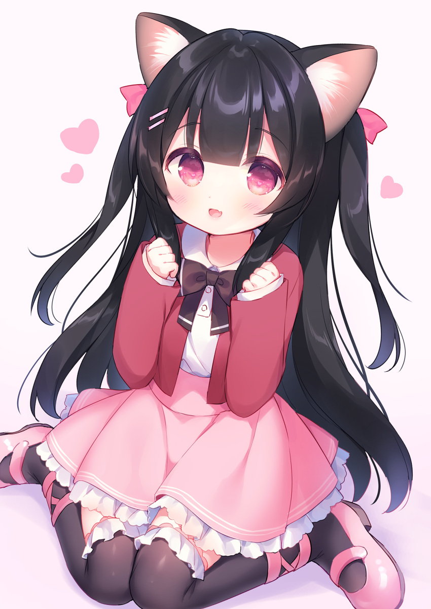 1girl :d animal_ear_fluff animal_ears black_bow black_hair black_legwear blush bow cat_ears collared_shirt commentary frilled_legwear frilled_skirt frills hair_ornament hairclip hands_up heart highres jacket long_hair long_sleeves looking_at_viewer open_clothes open_jacket open_mouth original over-kneehighs pink_footwear pink_skirt pleated_skirt red_eyes red_jacket shirt shoes sitting skirt sleeves_past_wrists smile solo thigh-highs two_side_up usashiro_mani very_long_hair wariza white_shirt