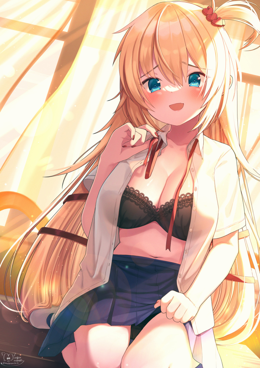 1girl :d akai_haato bangs black_bra black_panties blonde_hair blue_eyes blue_skirt blush bra breasts collared_shirt commentary_request curtains dress_shirt eyebrows_visible_through_hair hair_between_eyes hair_ornament hair_ribbon heart heart_hair_ornament highres hololive indoors lace-trimmed_bra lace_trim large_breasts light_particles long_hair magowasabi miniskirt nail_polish navel neck_ribbon one_side_up open_clothes open_mouth open_shirt panties pleated_skirt red_nails red_ribbon ribbon shirt shoes short_sleeves signature sitting skirt smile solo stomach twitter_username underwear very_long_hair virtual_youtuber white_footwear white_shirt window