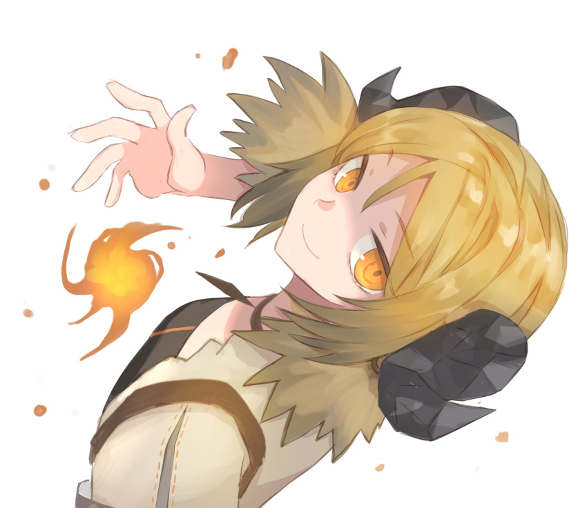 1girl arknights bangs blonde_hair choker demon_girl demon_horns eyebrows_visible_through_hair fire highres horns ifrit_(arknights) looking_to_the_side low_twintails originium_arts_(arknights) parted_bangs shaded_face short_hair smug solo twintails vhdtyzusixc7fai yellow_eyes