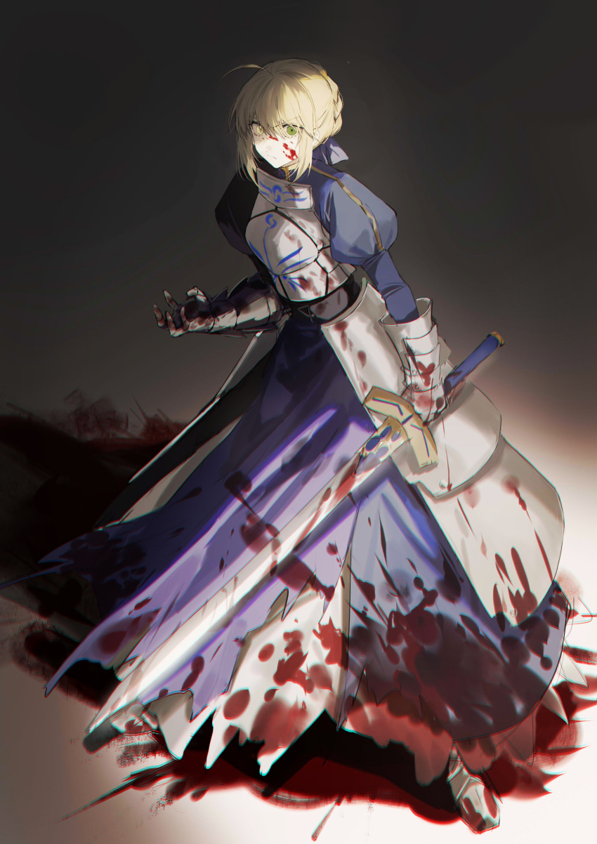 1girl absurdres ahoge armor armored_dress artoria_pendragon_(fate) blonde_hair blood blood_on_clothes blood_on_face blue_ribbon braid braided_bun breastplate bsq excalibur_(fate/stay_night) fate/grand_order fate_(series) gauntlets green_eyes hair_bun hair_ribbon heterochromia highres holding holding_sword holding_weapon plackart ribbon saber solo sword weapon yellow_eyes