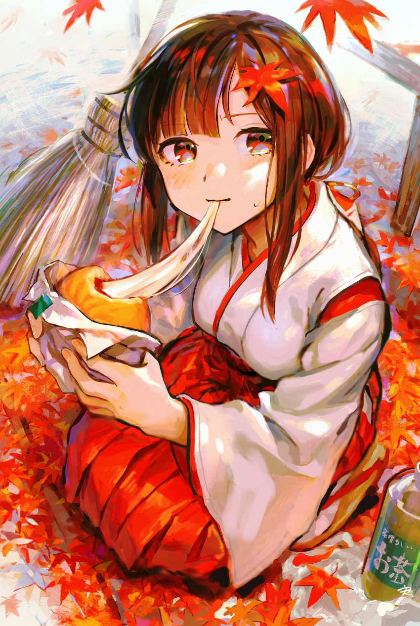 1girl absurdres autumn_leaves baozi blush bottle broom brown_hair closed_mouth eating food hakama hakama_skirt highres holding holding_food japanese_clothes leaf leaf_on_head long_hair long_sleeves looking_at_viewer maple_leaf miko mouth_hold original red_eyes red_hakama sandals skirt smile solo squatting sweat tentsuu_(tentwo)
