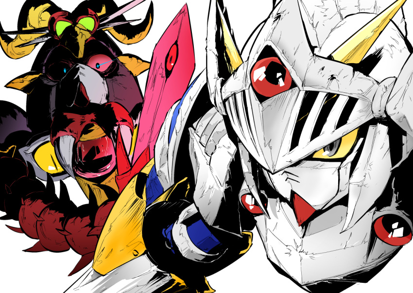 blue_eyes colored_sclera glowing glowing_eye grey_eyes holding holding_sword holding_weapon horns knight_gundam looking_ahead looking_at_viewer mecha moyashi_koubou no_humans red_sclera satan_gundam sd_gundam_gaiden sword v-fin weapon yellow_sclera