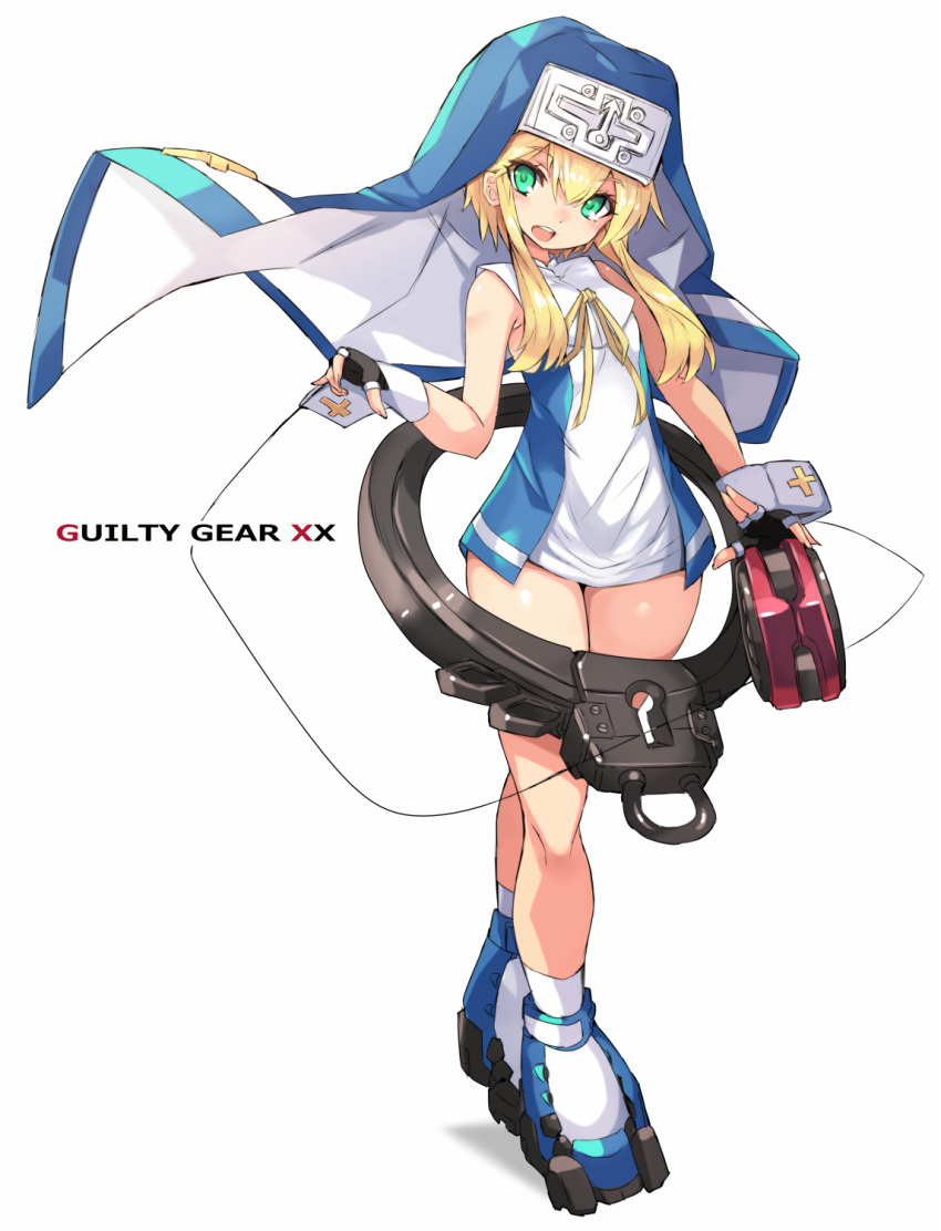 1boy black_gloves blonde_hair bridget_(guilty_gear) commentary_request copyright_name eyebrows_visible_through_hair fingerless_gloves gloves green_eyes guilty_gear guilty_gear_xx highres karukan_(monjya) legs long_hair looking_at_viewer male_focus nun open_mouth otoko_no_ko simple_background smile standing thighs white_background yo-yo