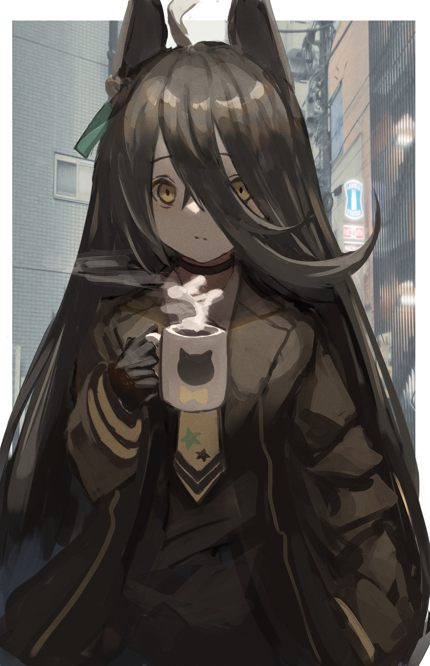 1girl absurdres ahoge animal_ears black_gloves bow_print brown_choker brown_coat brown_hair building choker closed_mouth coat coffee coffee_mug cup gloves hair_between_eyes hair_ornament hand_in_pocket highres holding holding_cup long_hair manhattan_cafe_(umamusume) mug necktie neckwear open_clothes open_coat outdoors reflection siena_(moratoriummaga) sign sleeves_past_wrists solo star_(symbol) star_print steam umamusume utility_pole yellow_eyes yellow_neckwear