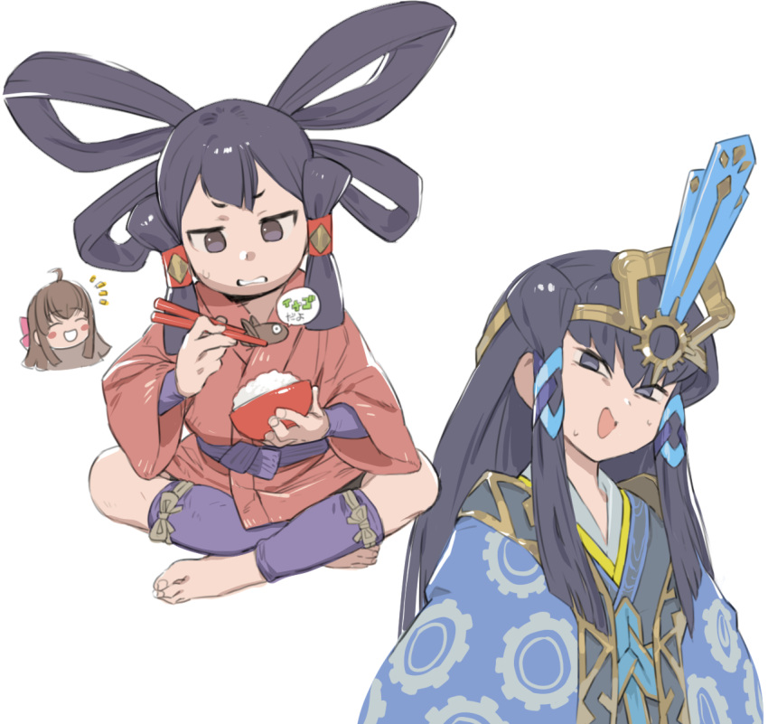 3girls barefoot black_eyes black_hair blush_stickers bowl brown_hair bug chibi chibi_inset chopsticks disgust full_body hair_ribbon hair_rings hair_tubes hatena_sanko headpiece highres holding holding_chopsticks indian_style japanese_clothes kimono kokorowa-hime long_hair multiple_girls open_mouth ribbon rice rice_bowl sakuna-hime short_eyebrows simple_background sitting smile sweatdrop tensui_no_sakuna-hime upper_body white_background yui_(tensui_no_sakuna-hime)