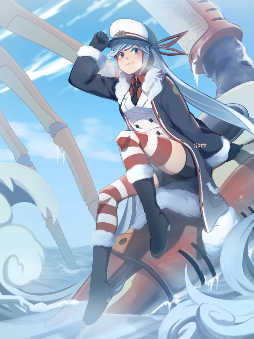 1girl absurdly_long_hair animal black_coat black_footwear black_gloves black_neckwear black_shorts boots claws coat commentary crab full_body fur-trimmed_coat fur_trim gloves hair_ribbon hand_up hat hat_tip hatsune_miku headphones highres horizontal_stripes jacket knee_boots light_blue_eyes light_blue_hair lips long_hair looking_at_viewer mechanical_animal military military_uniform mono_(bluesky) naval_uniform necktie ocean outdoors oversized_animal red_legwear red_ribbon red_shirt ribbon sailor_hat shirt shorts sitting_on_animal smile solo striped striped_legwear symbol-only_commentary thigh-highs twintails uniform very_long_hair vocaloid waves wavy_hair white_headwear white_jacket white_legwear yuki_miku yuki_miku_(2022)