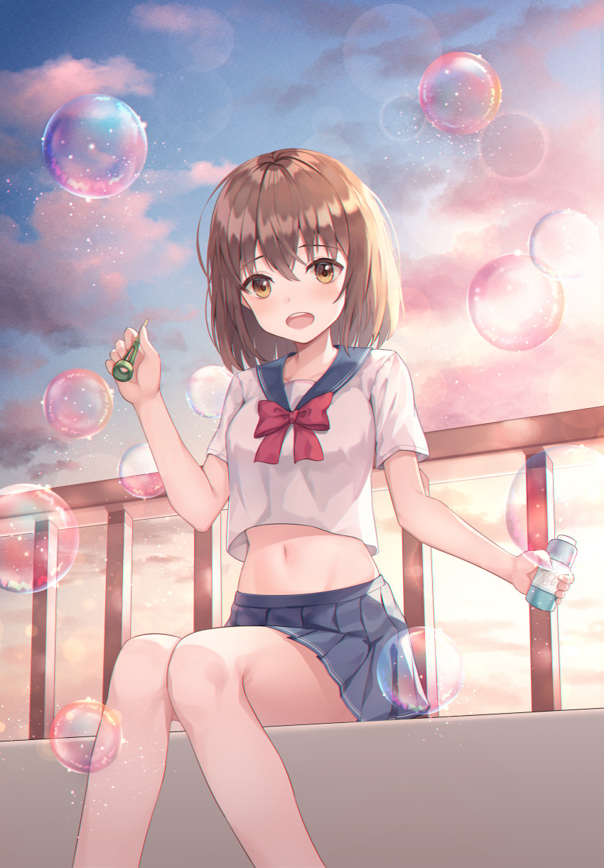 1girl absurdres bangs blue_sailor_collar blue_skirt blush bottle bow bowtie brown_eyes brown_hair bubble bubble_pipe commentary crop_top english_commentary eyebrows_visible_through_hair feet_out_of_frame hair_between_eyes highres holding holding_bottle looking_at_viewer medium_hair midriff miniskirt navel open_mouth original pleated_skirt red_bow red_neckwear revision sailor_collar school_uniform serafuku shirt short_sleeves shuvi_(shuvi1125) sitting skirt sky solo stomach teeth upper_teeth white_shirt