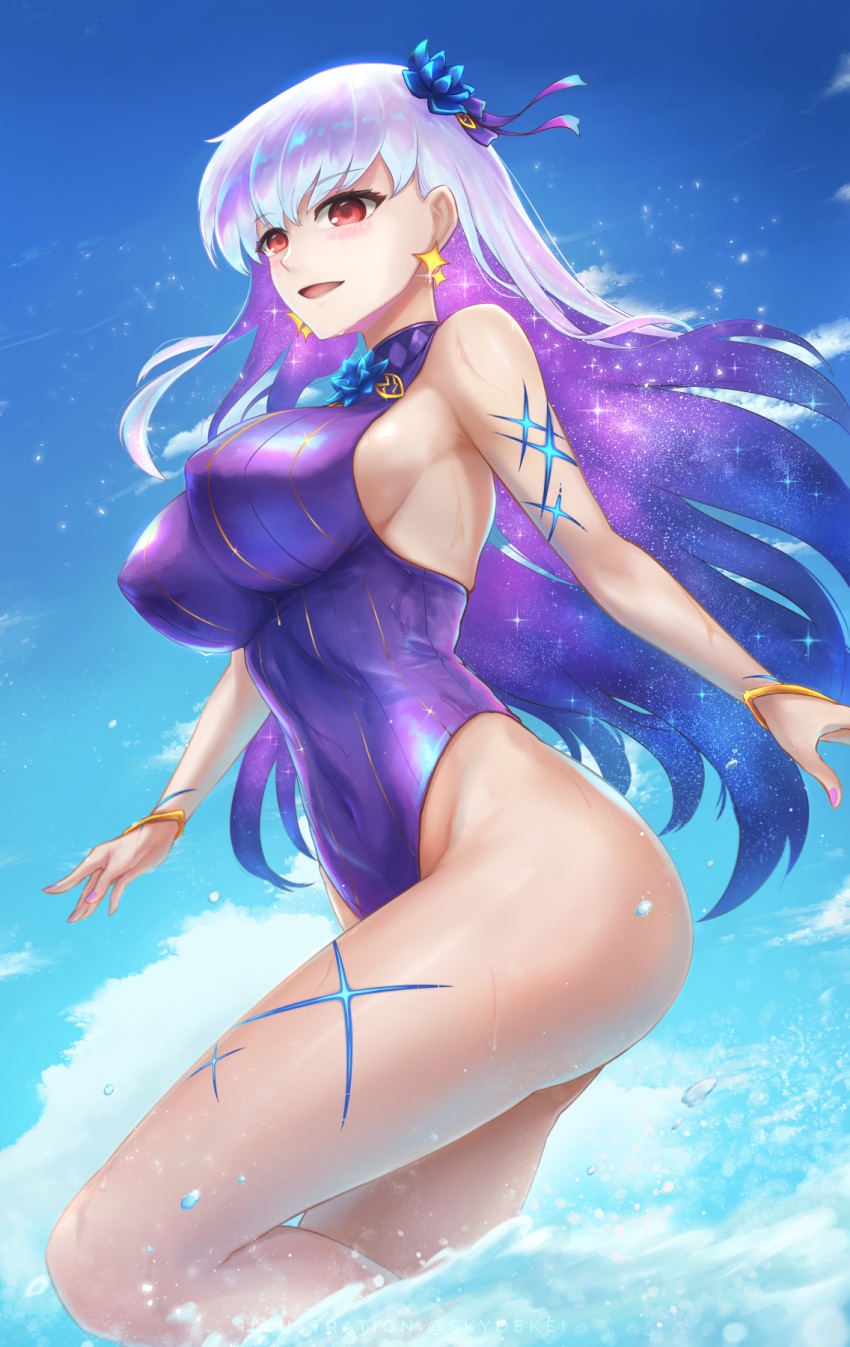 1girl ass bangs bare_shoulders bare_thighs blue_hair blue_sky blue_swimsuit blush body_markings bracelet breasts covered_navel earrings eyebrows eyebrows_visible_through_hair face fate/grand_order fate_(series) flower gold_bracelet hair_flower hair_ornament hair_ribbon highleg highleg_swimsuit highres jewelry kama_(fate) kama_(swimsuit_avenger)_(fate) large_breasts legs legs_apart long_hair looking_at_viewer lotus multicolored_hair nail_polish nails ocean one-piece_swimsuit pink_nails red_eyes ribbon silver_hair sky skyde_kei smile solo star_(symbol) star_earrings starry_hair swimsuit thighs two-tone_hair wading water