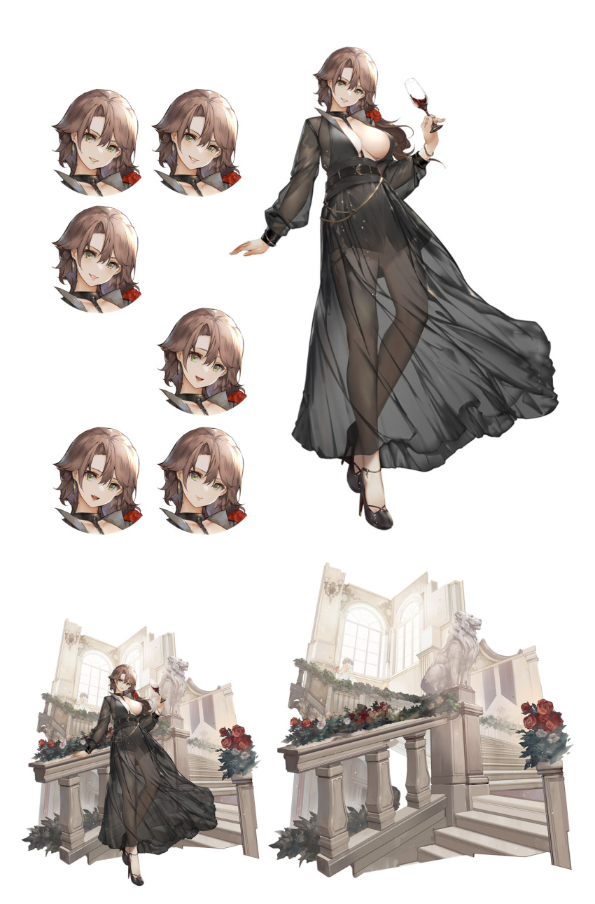 1girl alcohol azur_lane black_dress black_footwear brown_hair character_sheet cup dress drinking_glass exeter_(azur_lane) exeter_(glory_goes_along_with_the_celebration)_(azur_lane) expressions flower green_eyes hair_flower hair_ornament high_heels highres holding holding_cup long_hair looking_at_viewer mkiiiiii official_alternate_costume official_art parted_lips see-through see-through_dress standing wine_glass